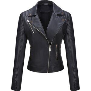 Women's Black Faux Leather Quilted Casual Moto Biker Short lightweight Jacket